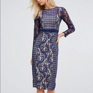 Little Mistress Navy Blue Nude Lace Long Sleeve Midi Dress Cocktail Formal Sz 2